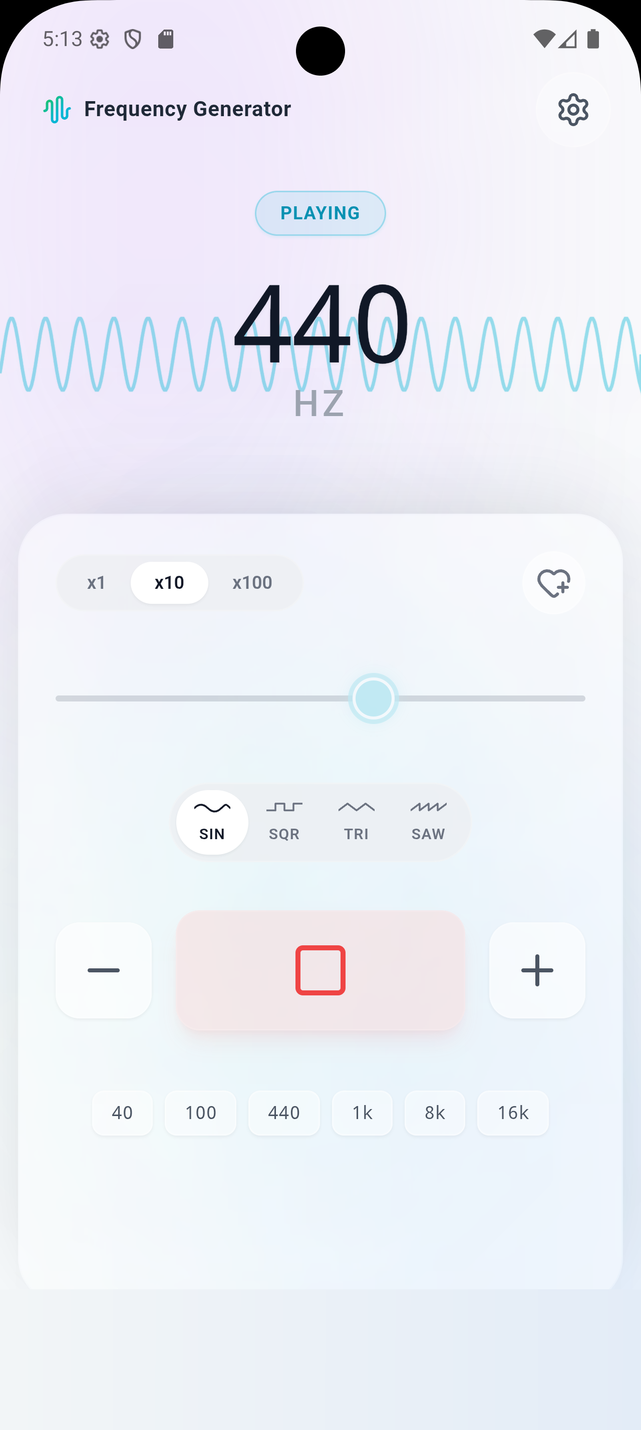 FreqGen – Main screen with frequency controls and waveform selection