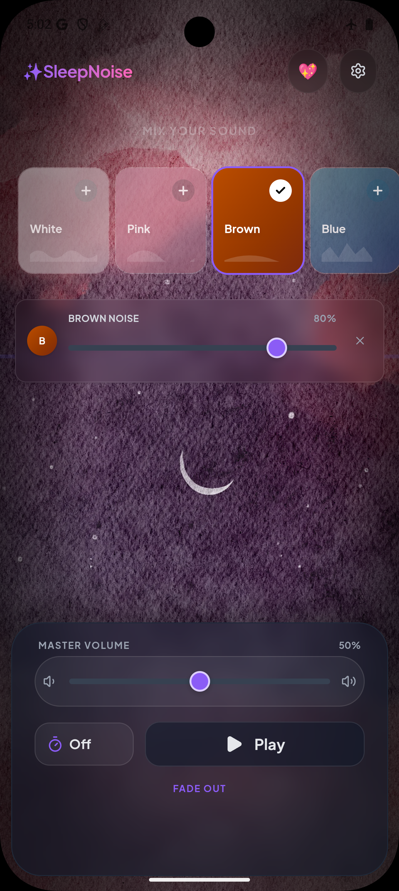 Deep Sleep Noise – Main screen with noise controls and mixing options